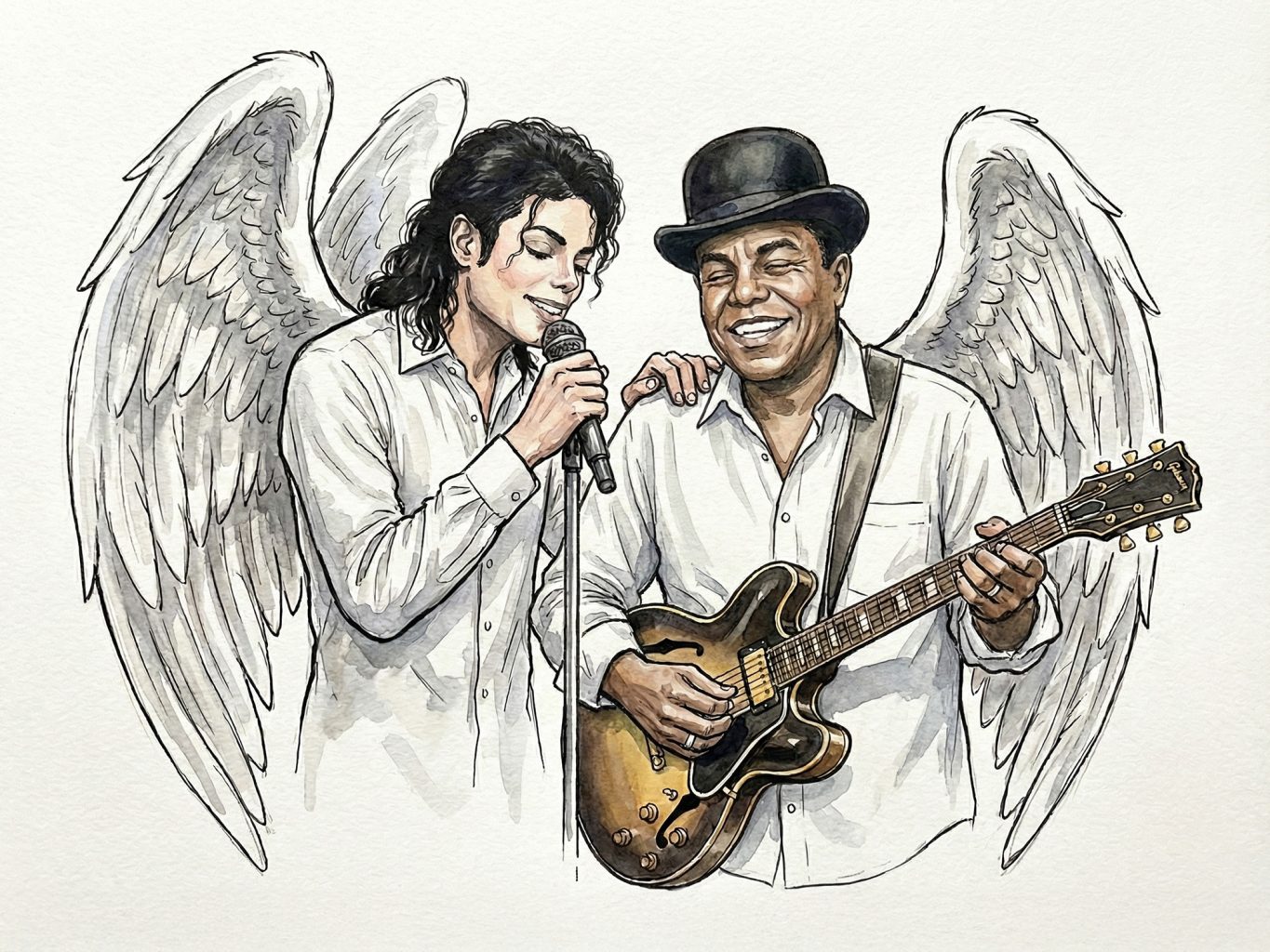 A watercolor and ink illustration shows Michael Jackson singing beside his brother Tito playing guitar in heaven, both as smiling angels with wings performing together.