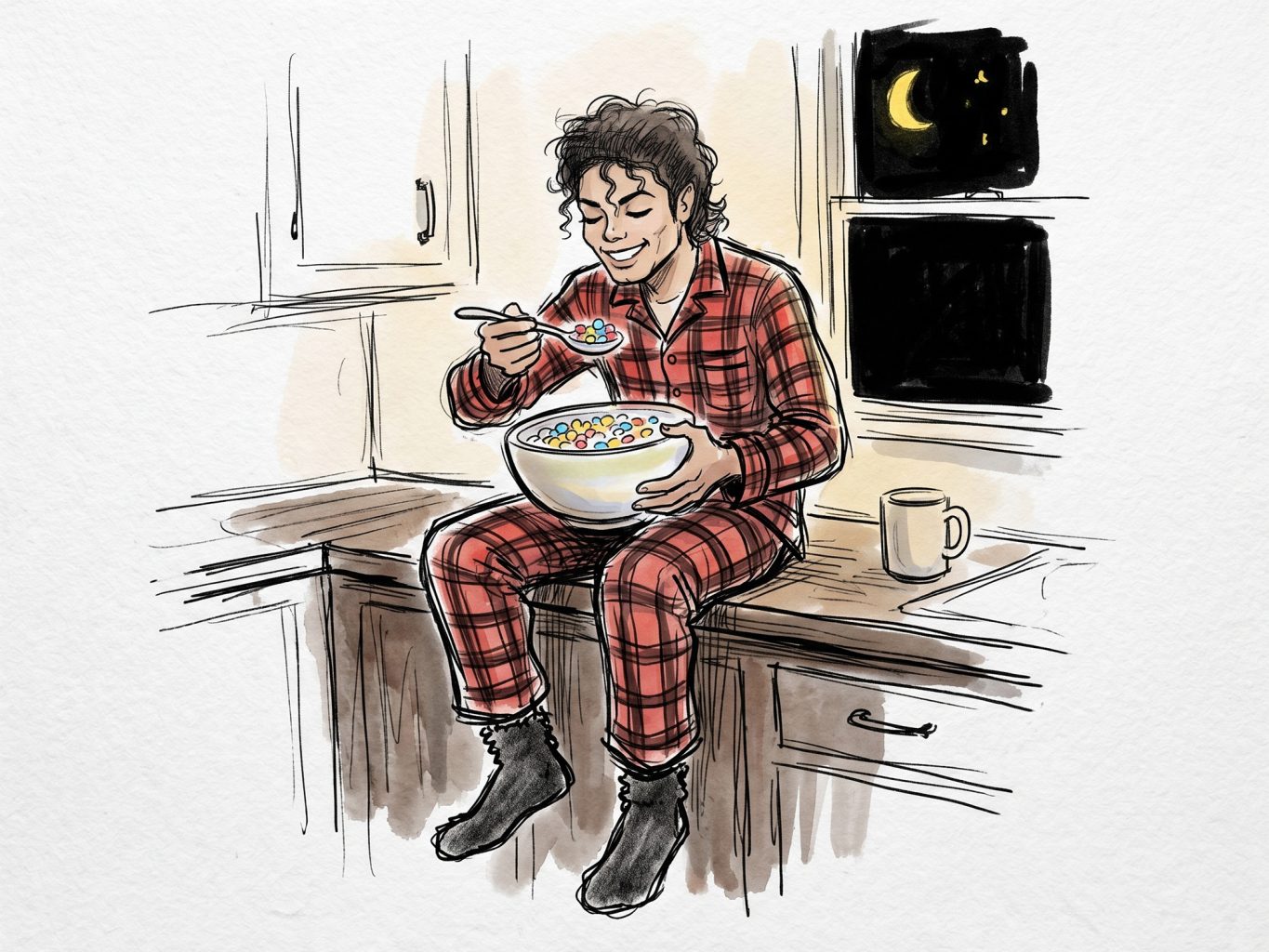 A watercolor sketch shows Michael Jackson in plaid pajamas eating cereal at night. It captures a warm, casual vibe through ink lines and soft washes.