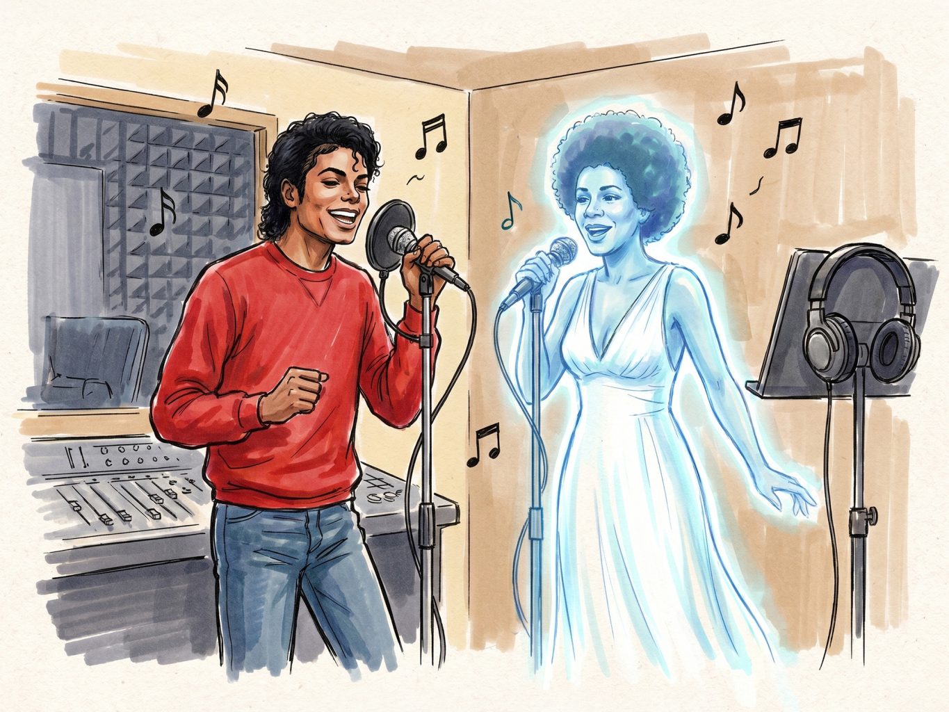 Michael Jackson and a ghostly Minnie Riperton sing in a studio. This marker-style illustration uses vibrant colors and bold lines to capture a soulful duet.
