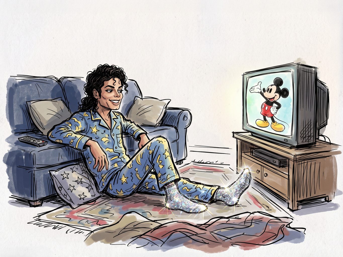 In a watercolor illustration style, Michael Jackson sits on a living room floor in starry pajamas and sparkly socks, watching Mickey Mouse on a CRT television.