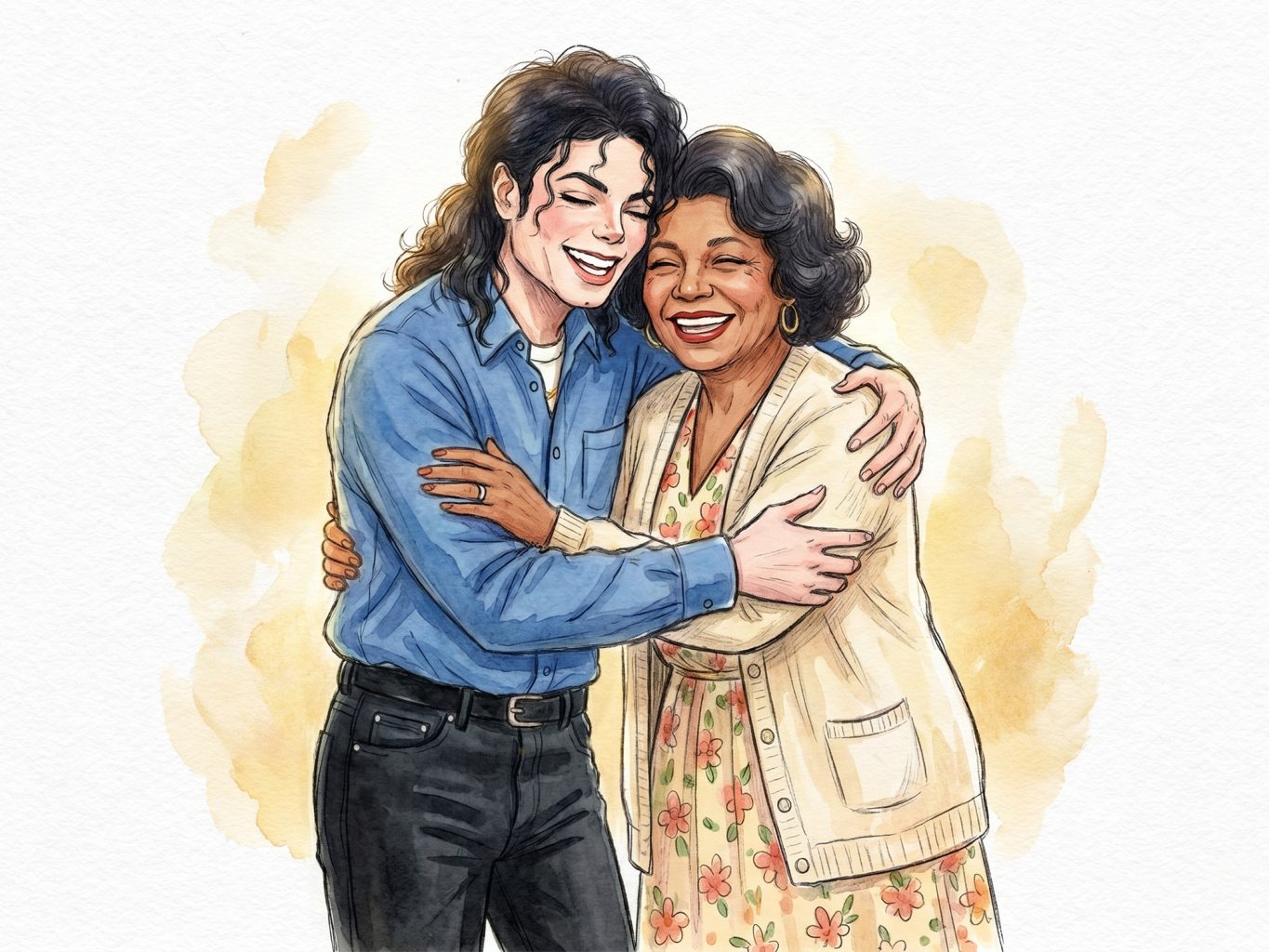 A watercolor art piece showing Michael Jackson hugging Katherine Jackson. They are smiling warmly in a soft, sunlit style with delicate brushstrokes and textures.