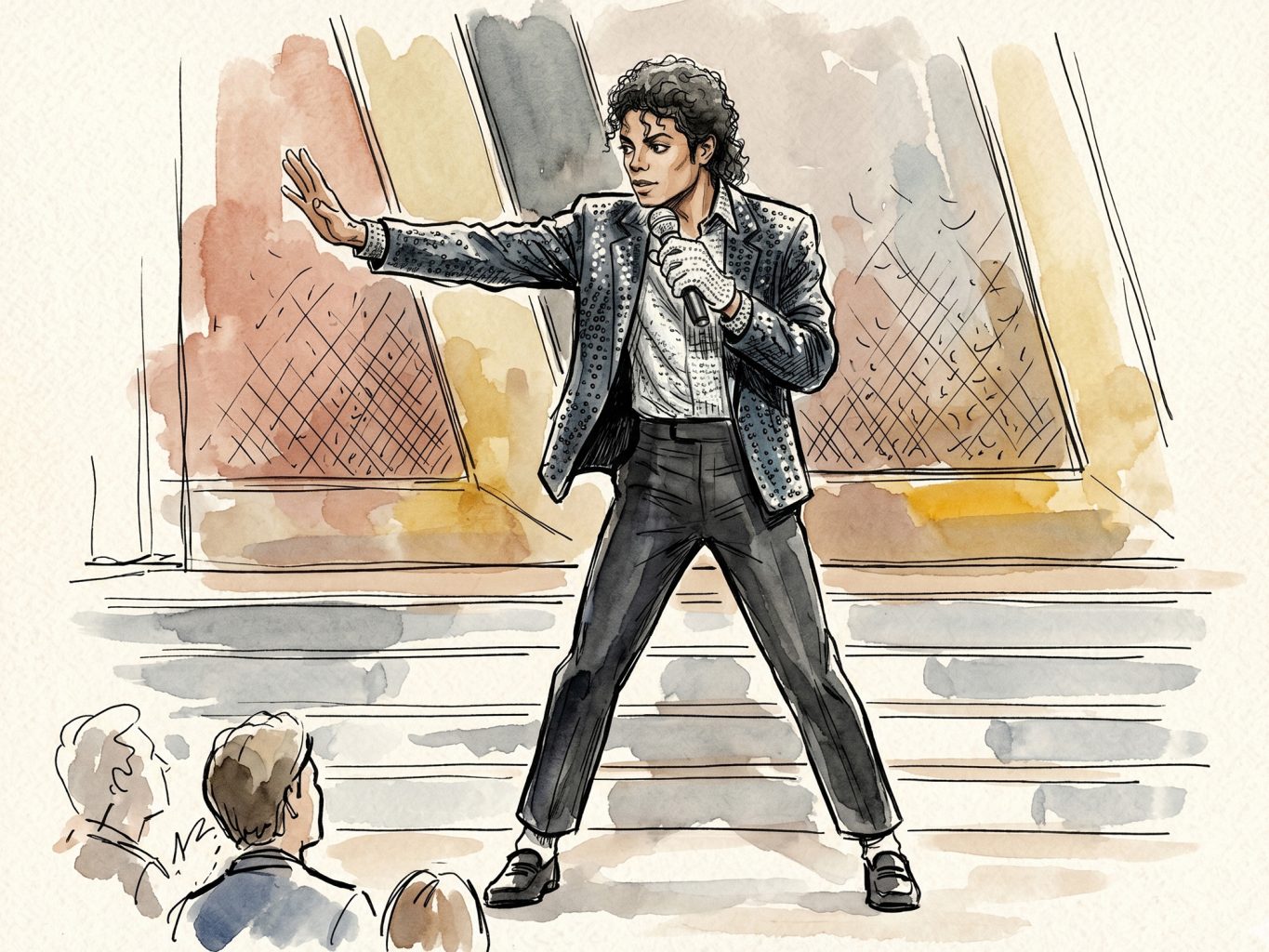This watercolor illustration depicts Michael Jackson’s iconic Motown 25 performance. It features loose brushwork, ink outlines, and his classic sequined jacket.
