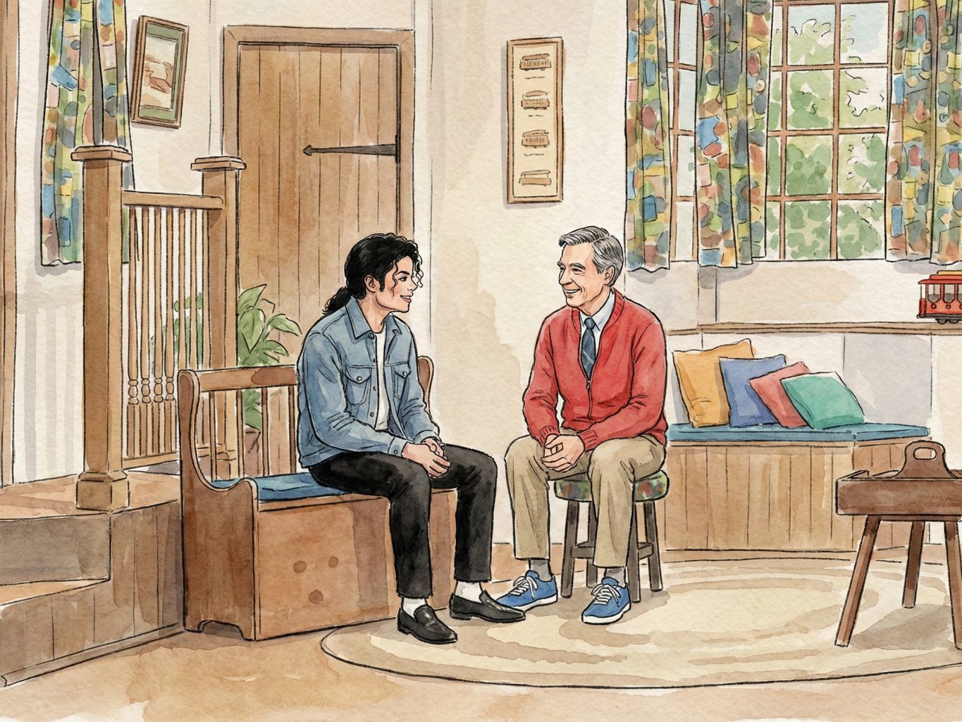 Watercolor art of Michael Jackson and Fred Rogers talking in the iconic living room. The style uses soft washes and ink outlines for a gentle, nostalgic feeling.