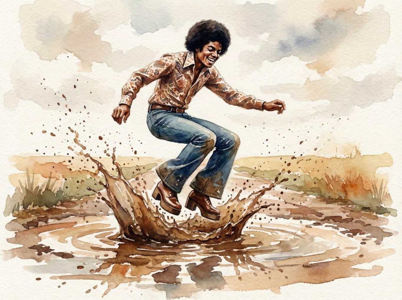 This watercolor painting shows a joyful Michael Jackson in 70s attire, mid-air as he splashes into a muddy puddle. The style features soft washes and earthy tones.
