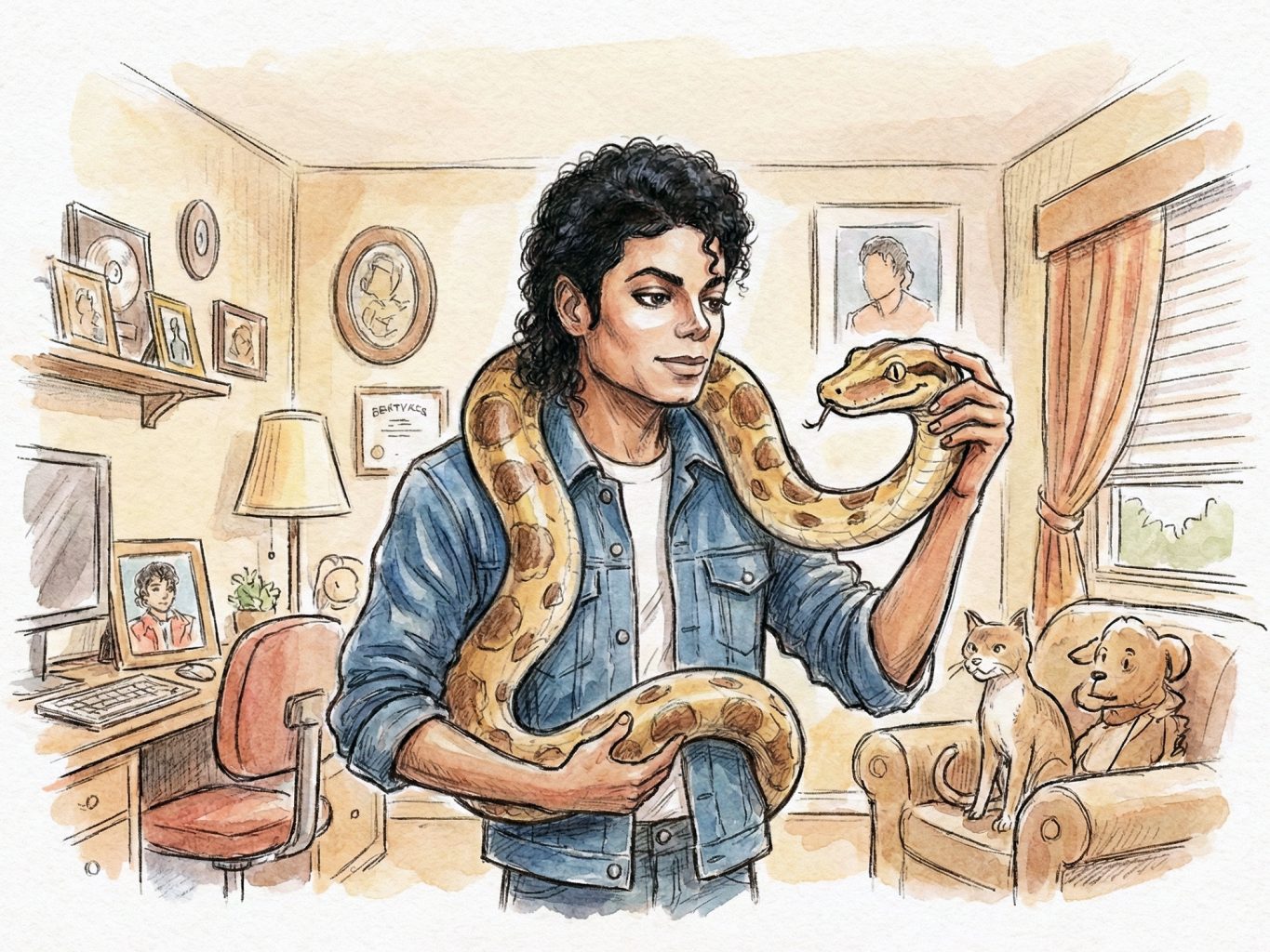 Watercolor art shows Michael Jackson casually holding a spotted python inside a room with family photos, a cat, and a stuffed dog sitting on an armchair.