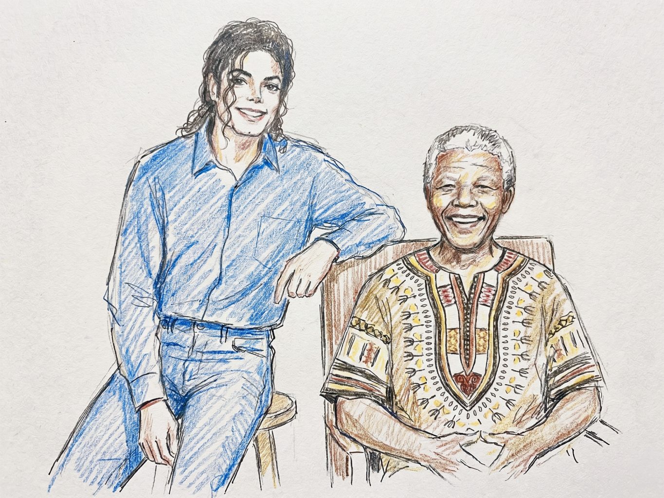 A colored pencil sketch shows Michael Jackson in a blue shirt leaning on Nelson Mandela, who wears a patterned tunic. Both smile in this warm, expressive portrait.
