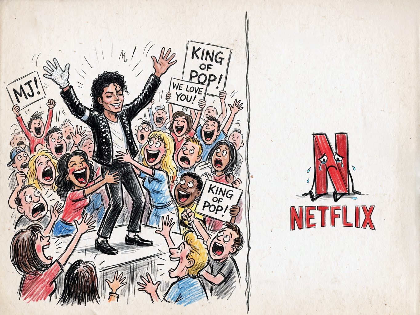 This colored pencil sketch depicts Michael Jackson performing for cheering fans alongside a sad, crying Netflix logo, presented in a playful cartoon style.