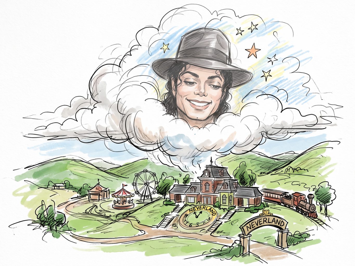 A storybook concept sketch depicts Michael Jackson smiling above Neverland Ranch in a cloud, created using loose ink linework and soft watercolor washes.