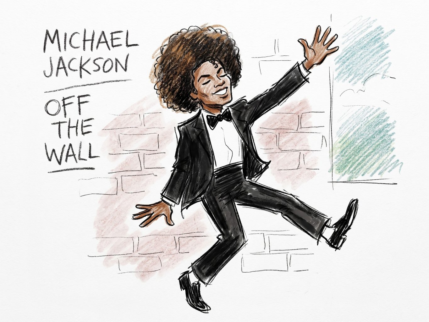 This playful, hand-drawn colored pencil sketch depicts a stylized Michael Jackson dancing in a tuxedo, reimagining his classic Off The Wall album cover art.