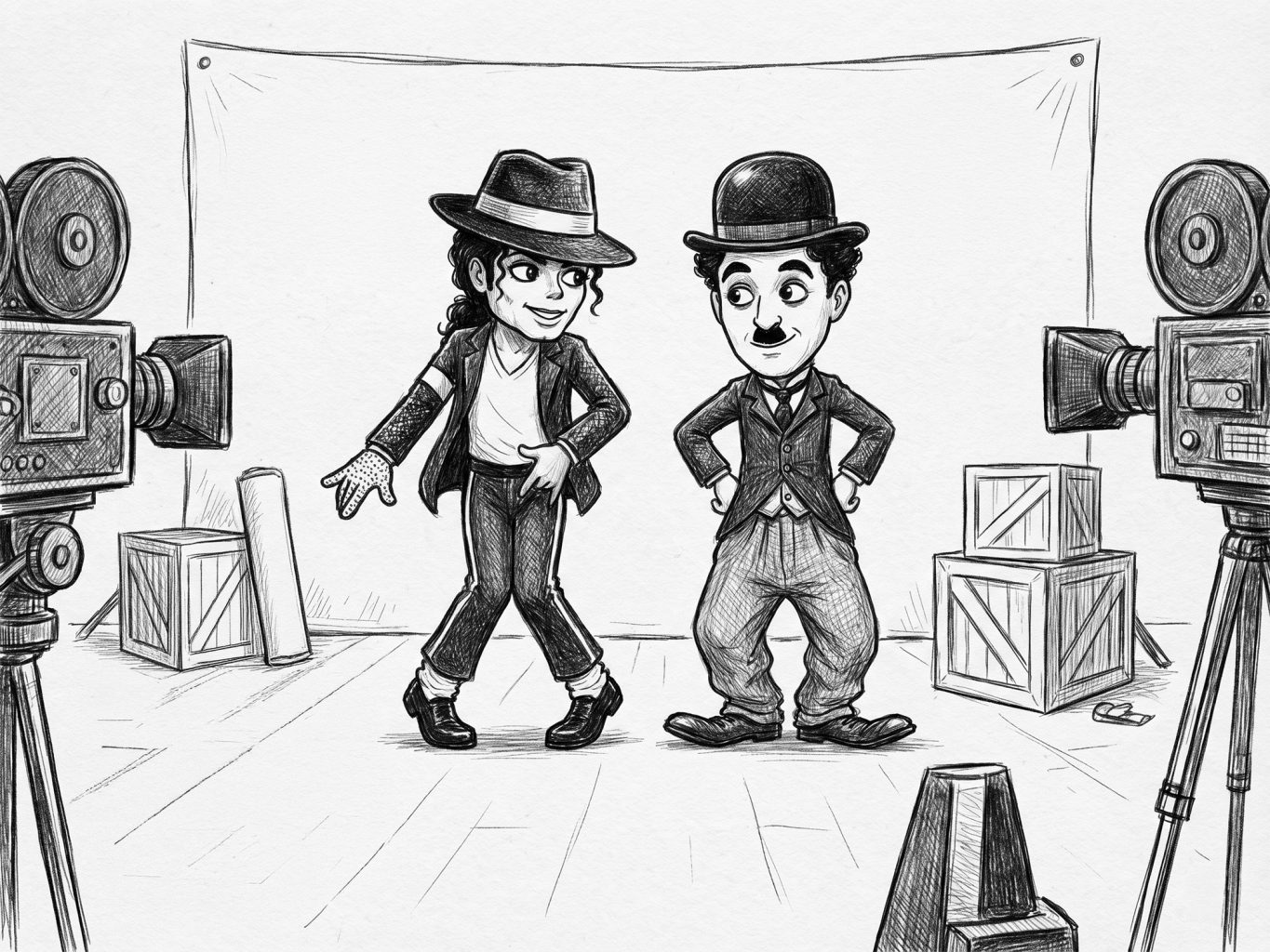 A pencil sketch depicts Michael Jackson and Charlie Chaplin on a film set. The caricature style uses cross-hatching to show the icons posing between vintage cameras.