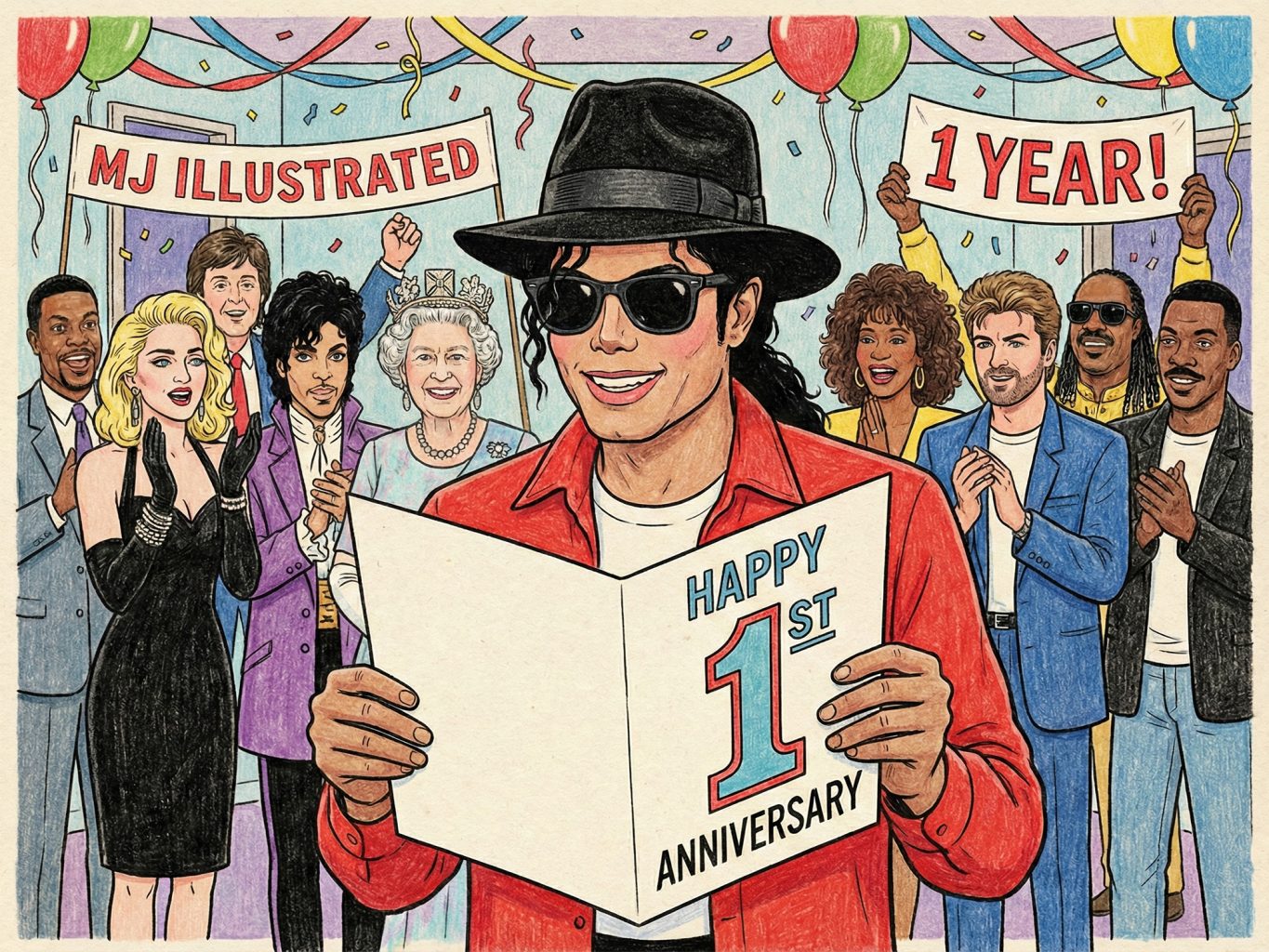 Illustrated tribute to Michael Jackson's anniversary, featuring pop icons like Madonna, Prince, Queen Elizabeth, and Whitney Houston. Celebration scene style.