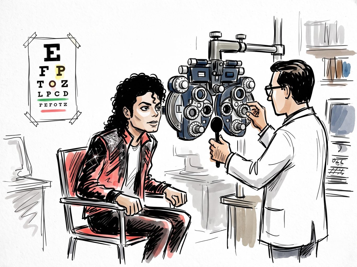 A stylized sketch illustration depicts Michael Jackson getting an eye exam from an optometrist using a phoropter, rendered in a loose ink and watercolor style.