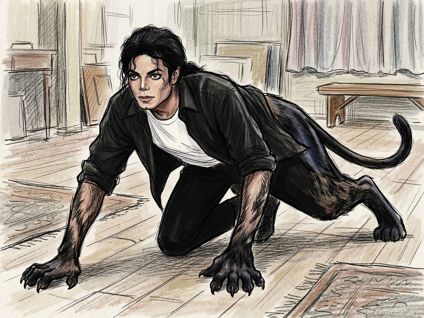 An illustration depicts Michael Jackson mid-transformation into a black panther. His limbs are furry paws with claws. The sketch style uses textured, ink-like lines.