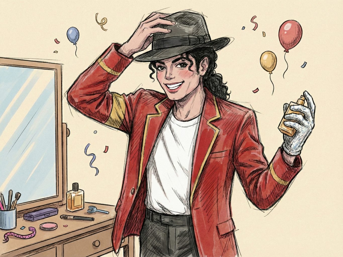 Vivid marker art shows Michael Jackson in a red and gold blazer, smiling as he adjusts a black fedora while holding a perfume bottle amid balloons and confetti.