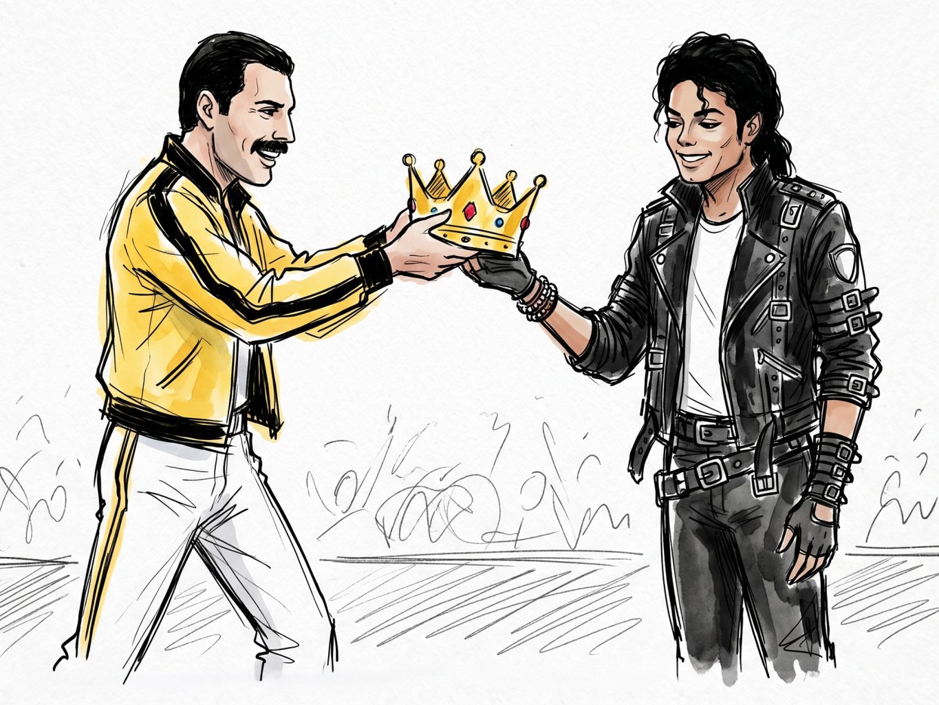 Freddie Mercury passes a golden crown to Michael Jackson in a vibrant, stylized comic sketch illustration with bold ink outlines and dynamic watercolor washes.