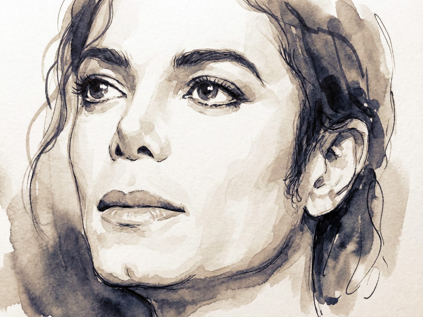 A watercolor and ink portrait with soft washes and expressive linework, showing Michael Jackson in close-up, calm eyes forward loose hair framing his face gently.