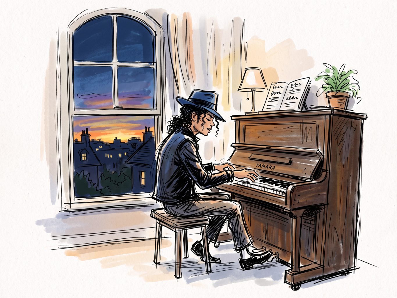 A watercolor and ink illustration shows Michael Jackson in a blue fedora playing an upright piano by a window overlooking a sunset cityscape at dusk.