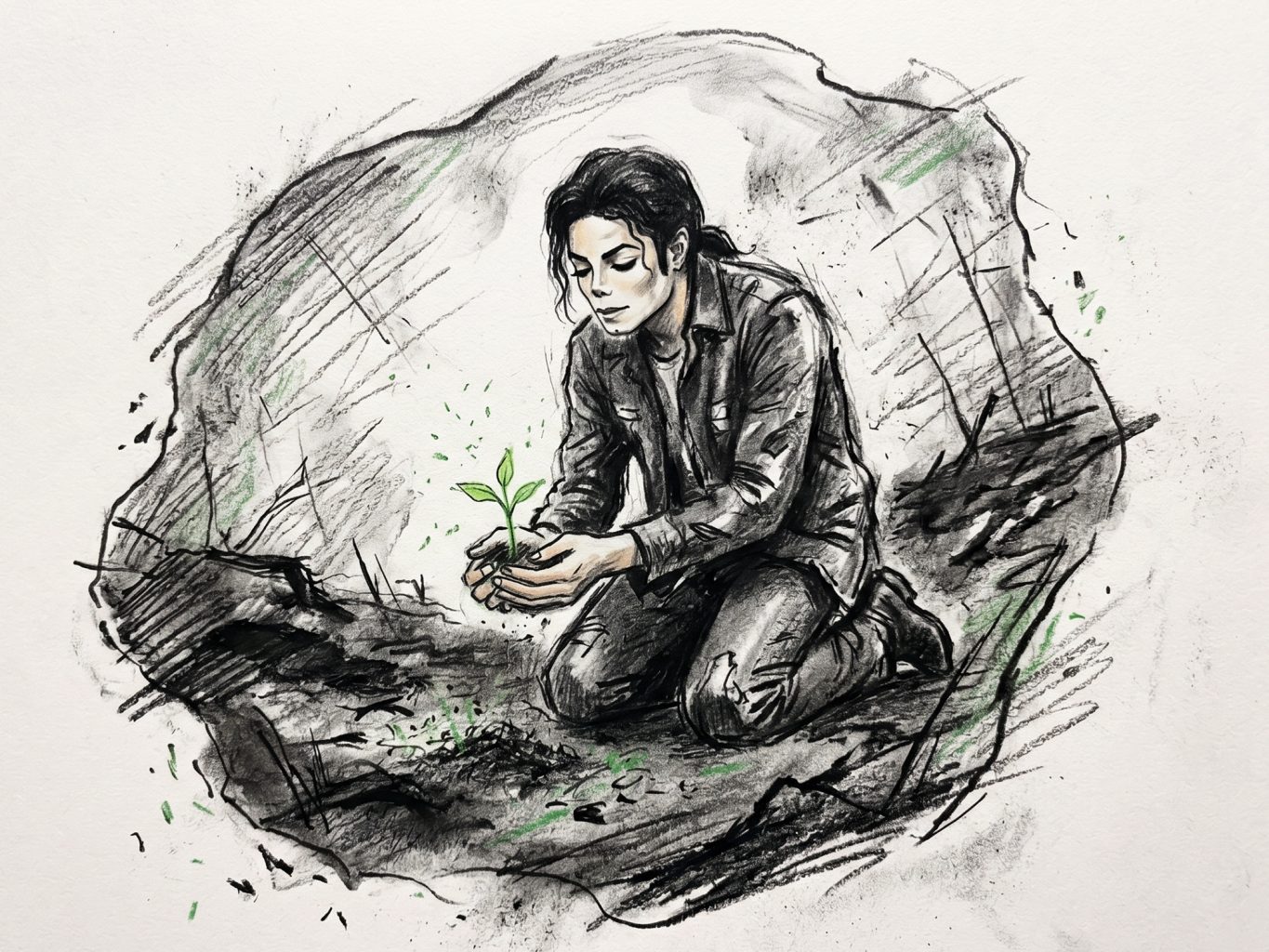 This sketch shows Michael Jackson kneeling to cradle a bright green sprout in his hands. The illustration utilizes a stylized charcoal and ink aesthetic.