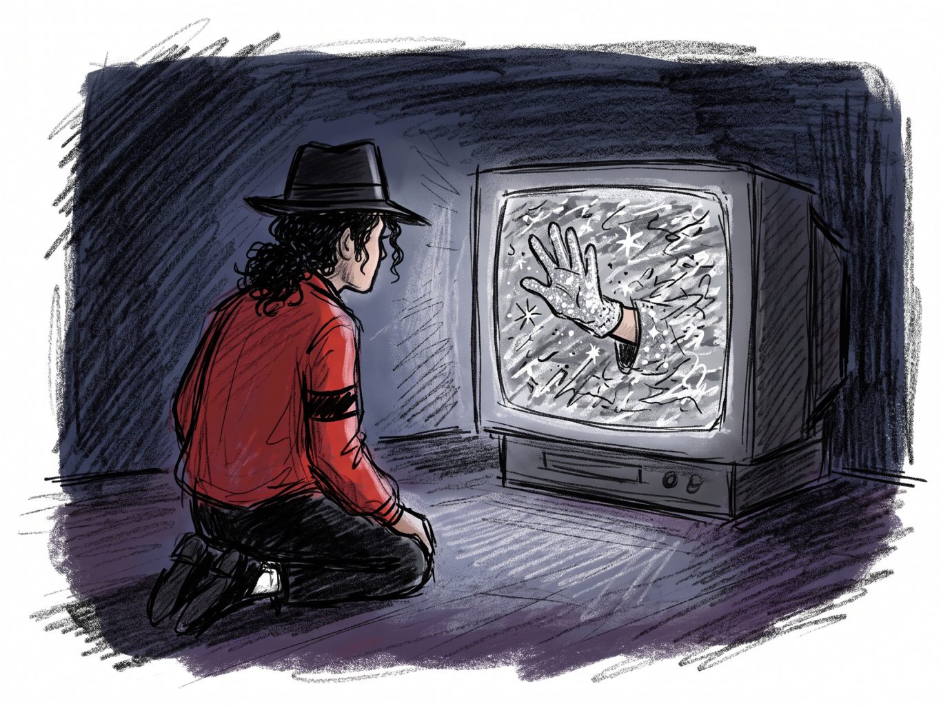 A digital sketch depicts Michael Jackson in his iconic red jacket kneeling before a glowing TV, as a sparkling gloved hand emerges from static inside a dim room.