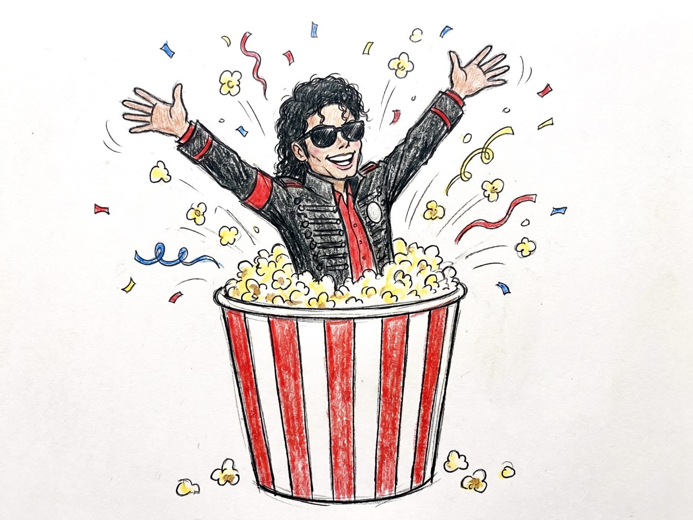 Michael Jackson bursts from a striped popcorn bucket amid confetti. This vibrant, whimsical colored pencil drawing uses bold lines and a joyful, cinematic style.