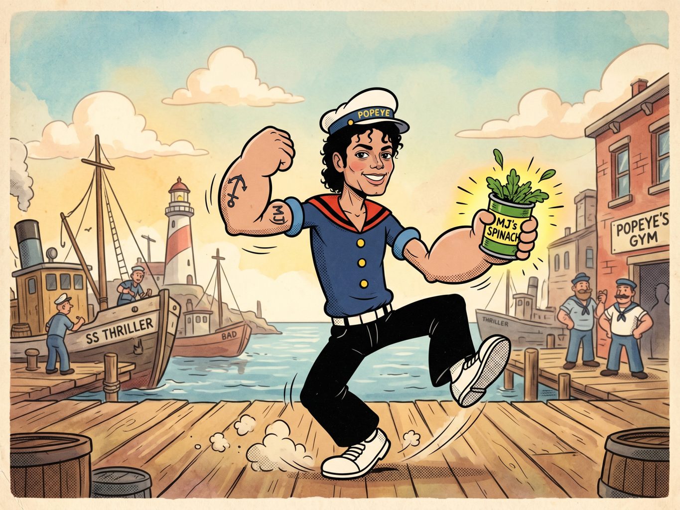 A whimsical cartoon blends Michael Jackson with Popeye. MJ strikes a pose on a dock with spinach and anchor tattoos. The vintage comic style uses warm, grainy tones.