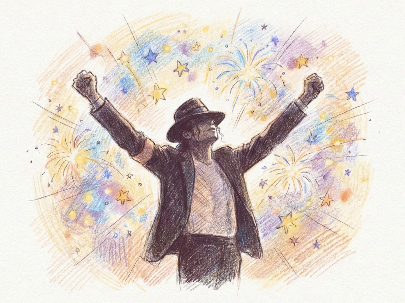 A colored pencil sketch of Michael Jackson in a fedora, arms raised triumphantly amid vibrant fireworks and stars. The style is energetic, textured, and expressive.
