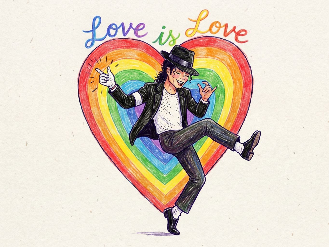 Colored pencil drawing of Michael Jackson dancing in front of a rainbow heart. The phrase "Love is Love" is written above in a vibrant, sketchy style.