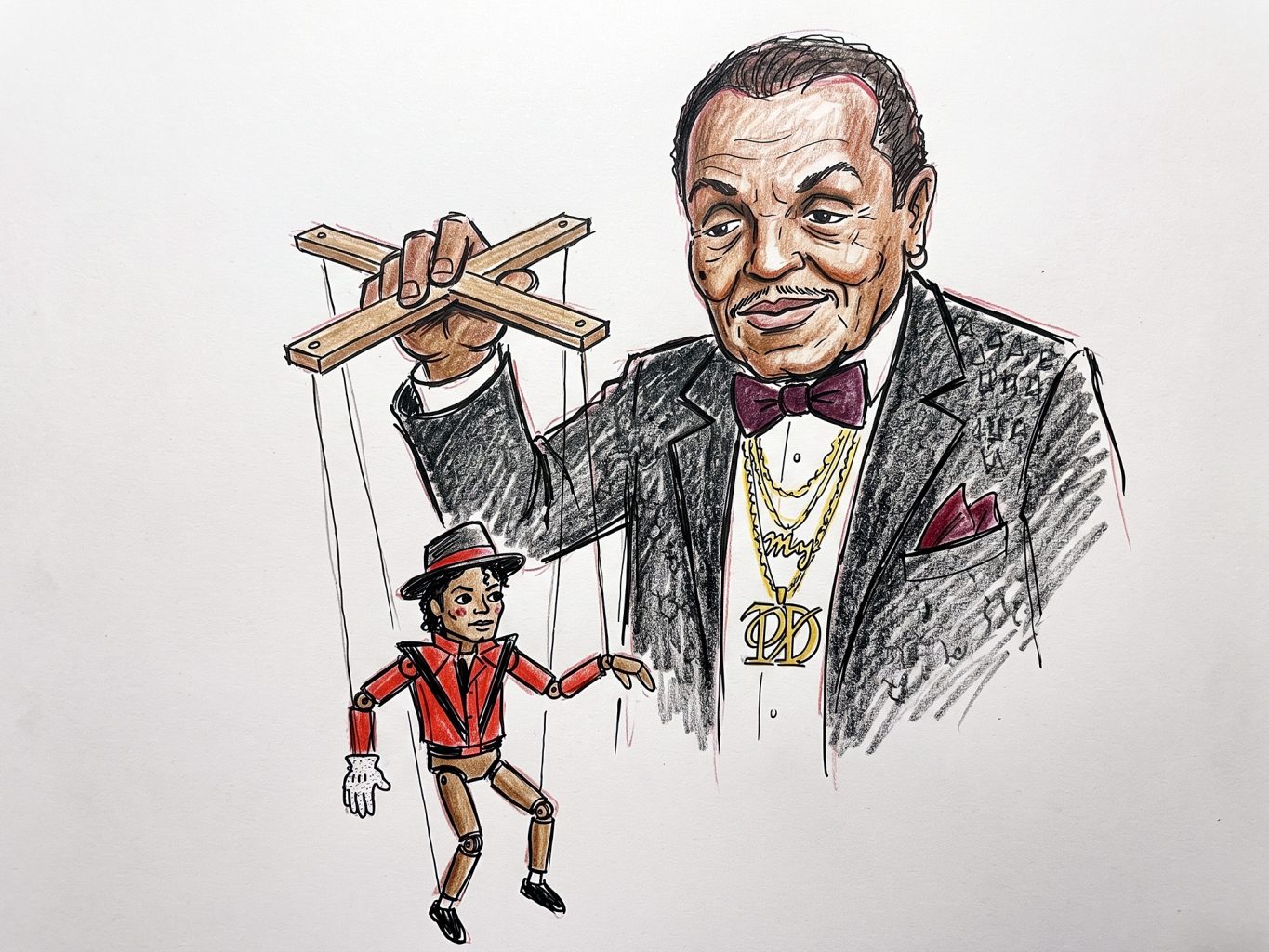 A caricature illustration shows Joe Jackson in a tuxedo controlling a marionette puppet of Michael Jackson in his famous red jacket using strings and a crossbar.