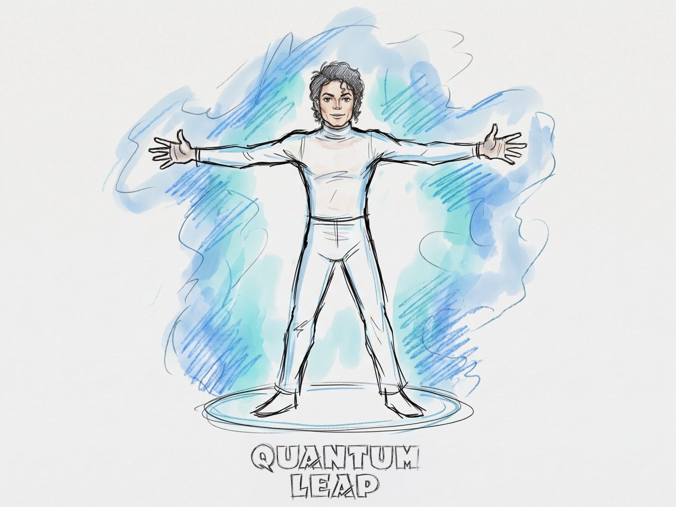 A digital sketch showing Michael Jackson posed as Scott Bakula from Quantum Leap. It features clean pencil outlines, blue watercolor washes, and sketch-style text.
