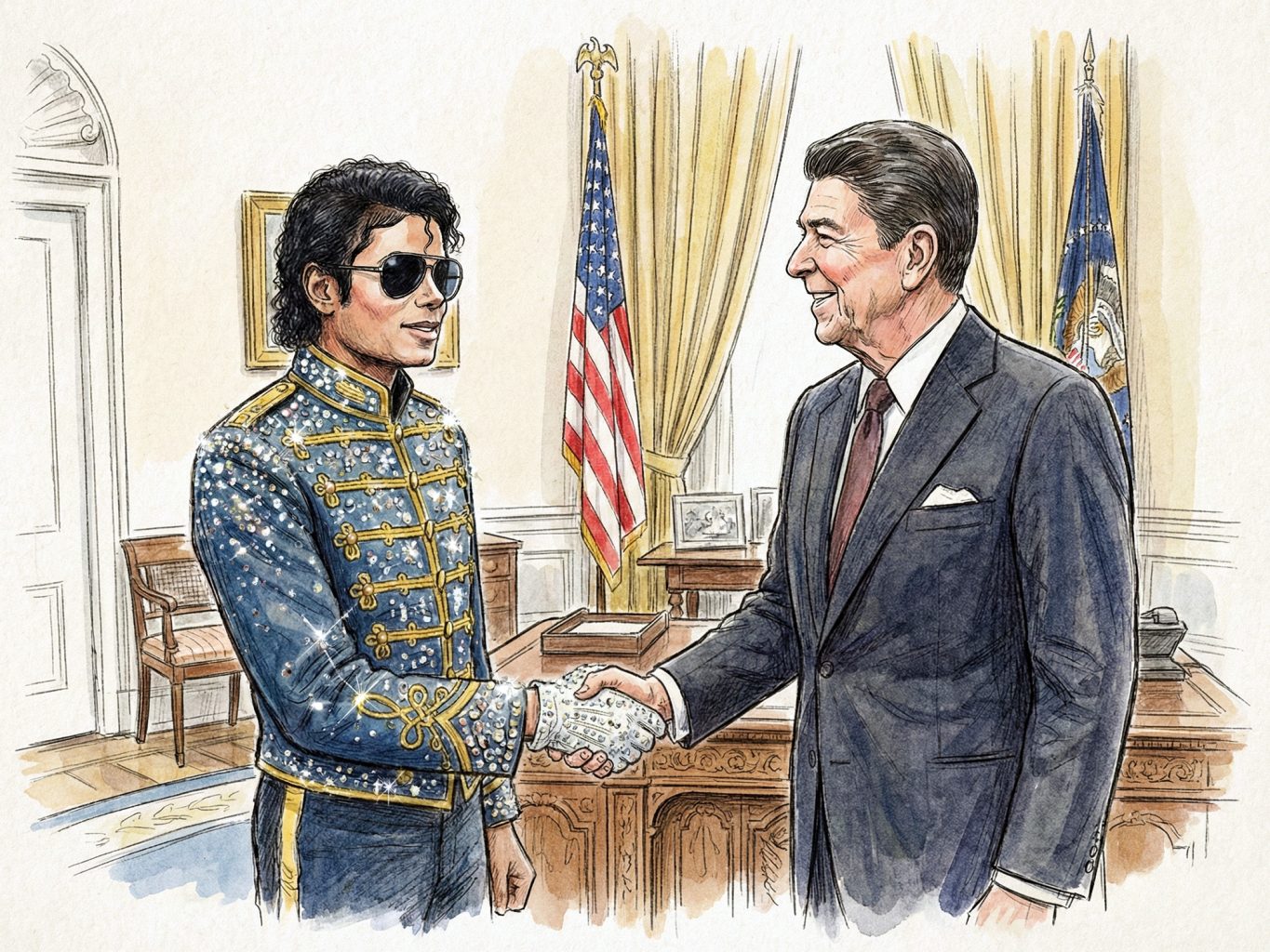 This watercolor sketch shows Michael Jackson in a sequined jacket shaking hands with Ronald Reagan in the Oval Office, capturing a classic 1980s cultural moment.