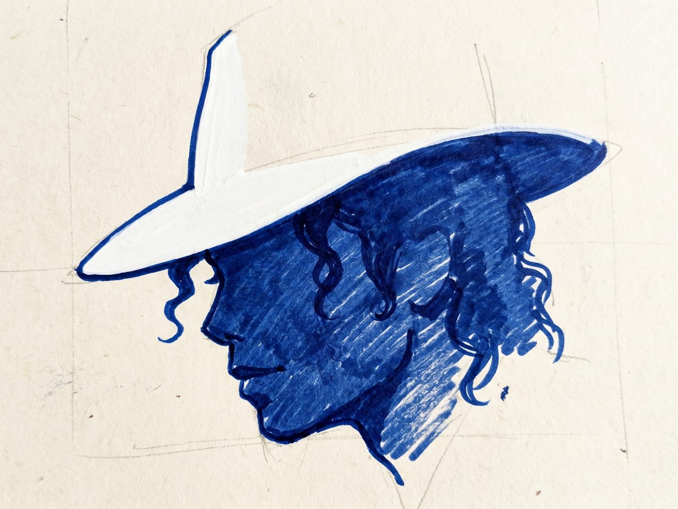 A blue ink illustration showing a profile silhouette of Michael Jackson in a white fedora hat, drawn in a minimalist, hand-sketched pop art style.