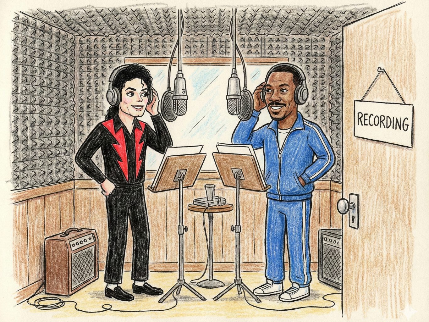 A vivid colored pencil art depicts Michael Jackson and Eddie Murphy wearing headphones while singing into microphones in a professional recording studio.