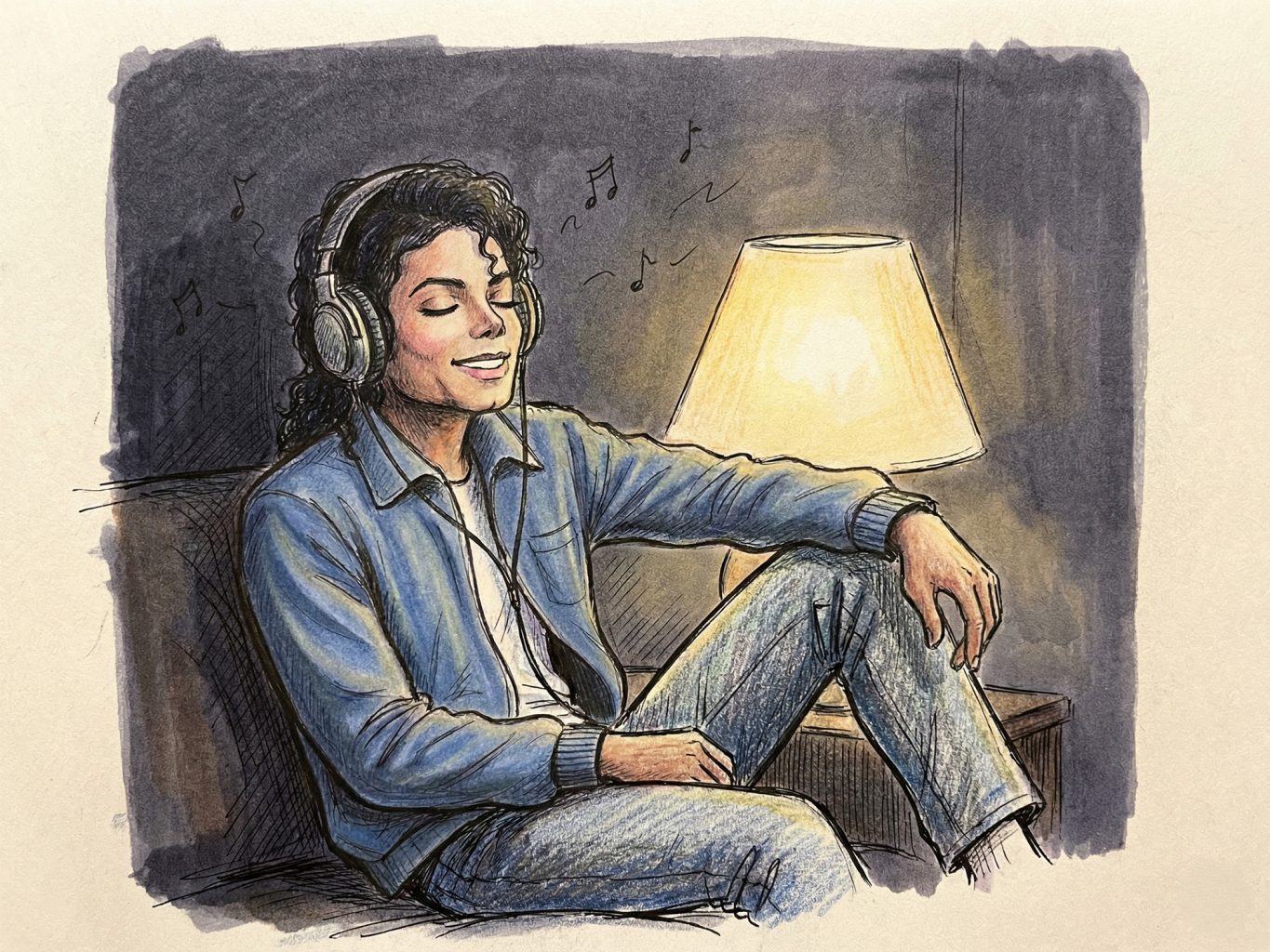 A sketch of Michael Jackson relaxing with headphones under a warm lamp. The artistic style uses pencil textures and soft watercolors for a cozy, nostalgic feel.