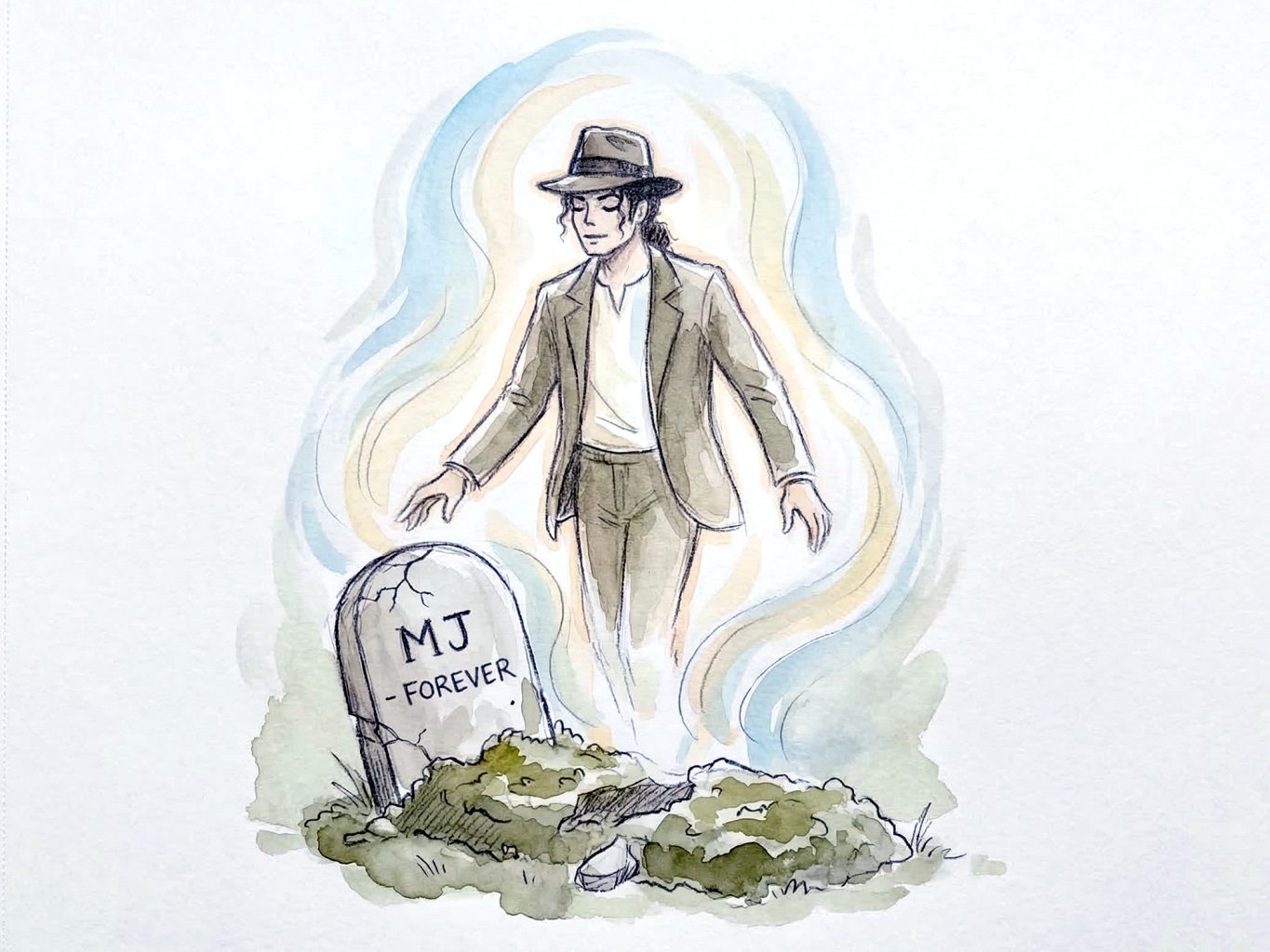 A ethereal watercolor depicts Michael Jackson rising from a grave marked "MJ - FOREVER." The style uses soft blue and gold glows with delicate, sketchy ink outlines.