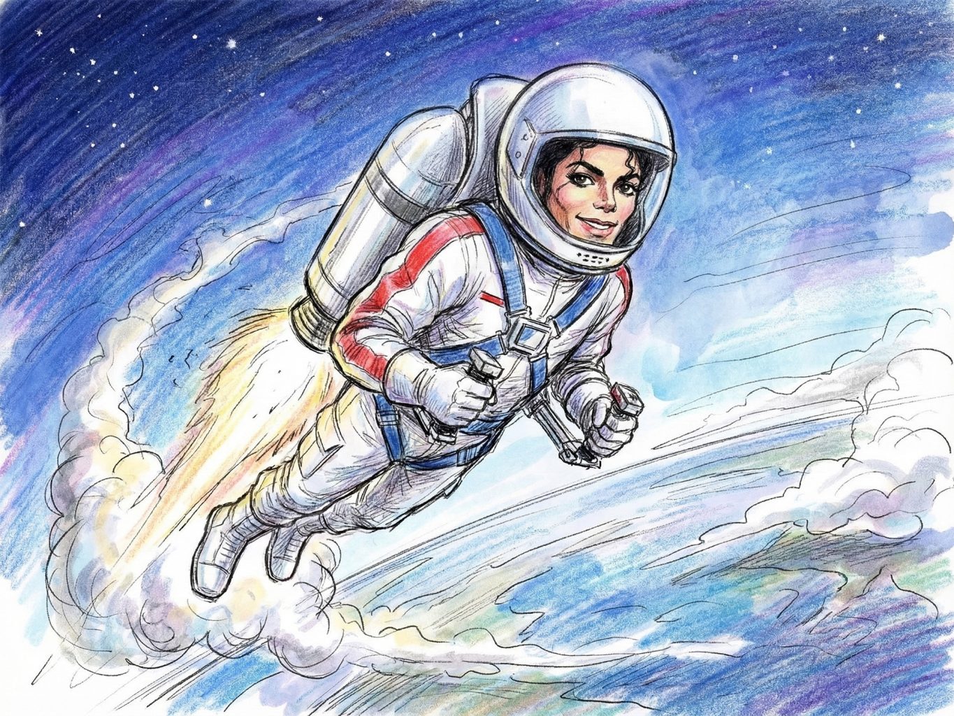 A vibrant sketch of Michael Jackson as an astronaut, soaring with a jetpack over Earth. The style uses colored pencils and watercolors with energetic, loose lines.