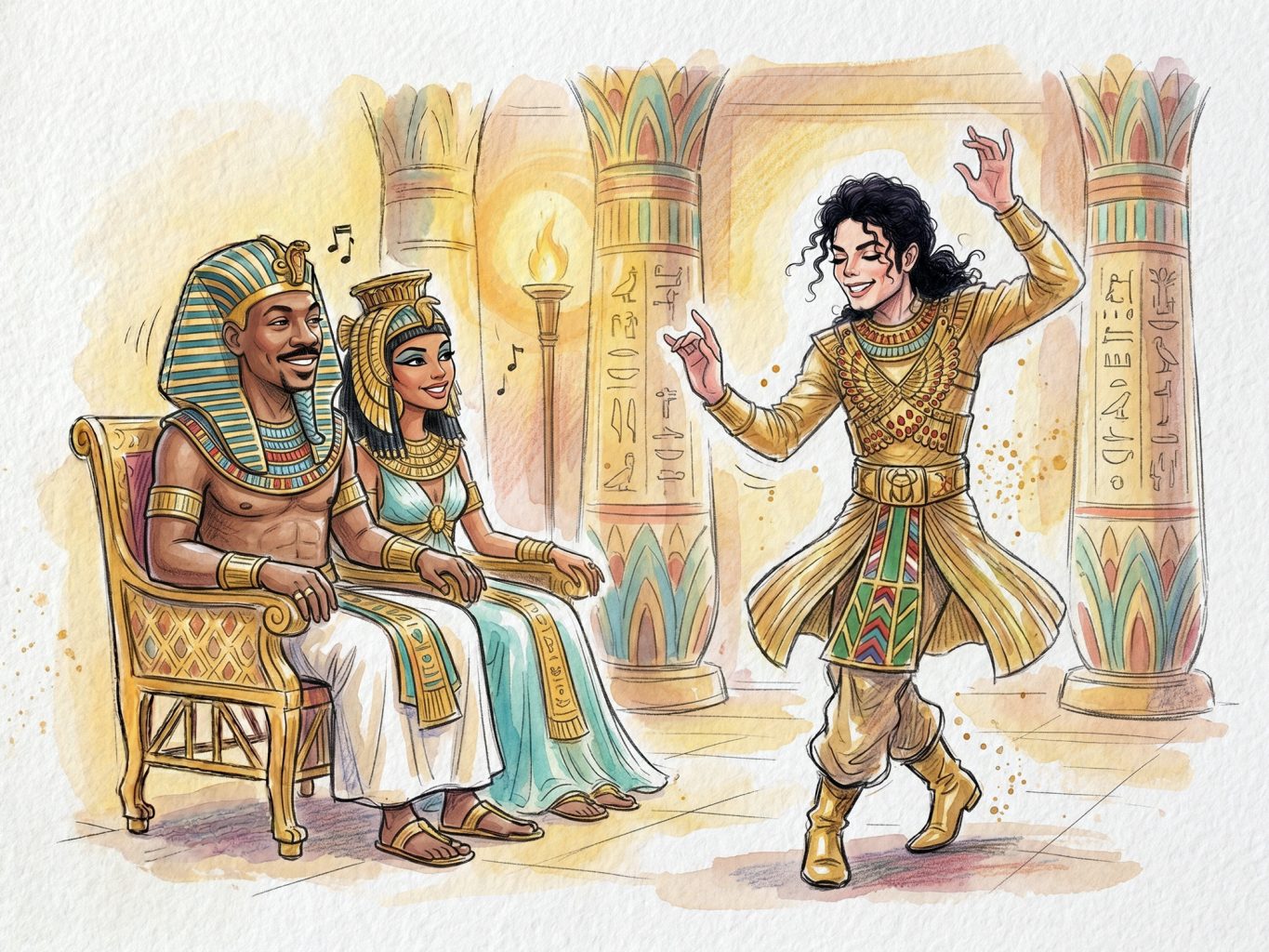 This vibrant watercolor and ink illustration depicts Michael Jackson performing his iconic dance moves before an ancient Egyptian pharaoh and a queen on thrones.
