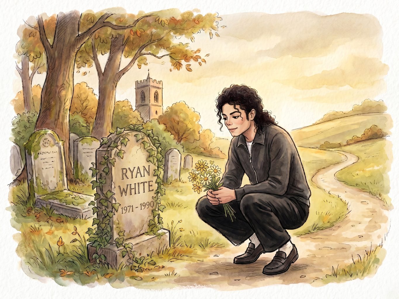 Watercolor art shows Michael Jackson kneeling by Ryan White's grave, holding flowers. The illustration has soft autumnal colors and a gentle, reflective mood.