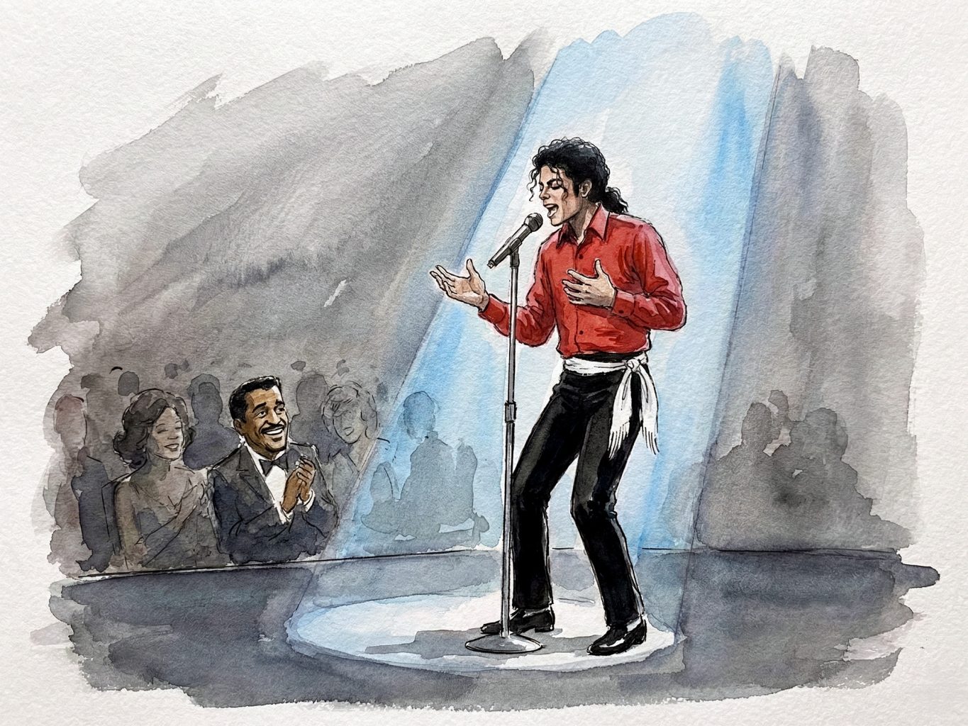 A watercolor of Michael Jackson performing in a spotlight while Sammy Davis Jr. watches and claps from the audience. It uses a sketchy, expressive painted style.