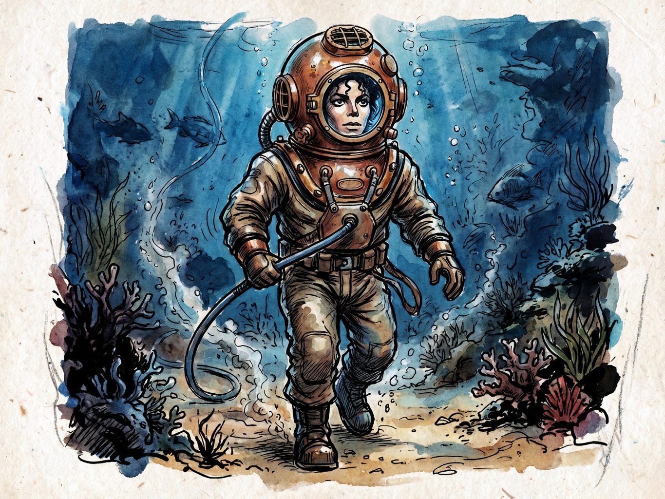 Michael Jackson walks underwater in a vintage diving suit. The comic-style illustration features bold ink lines and a rich watercolor wash.