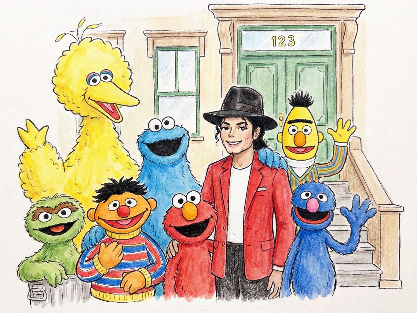 This vibrant sketch features Michael Jackson in a red jacket and black hat, standing on the 123 Sesame Street steps with Big Bird, Elmo, and other Muppets.