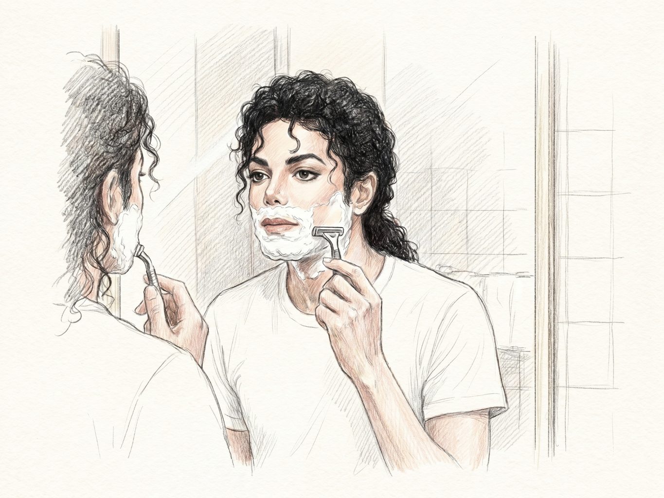 A colored pencil sketch shows Michael Jackson looking into a mirror while shaving his face with a razor, capturing a candid, intimate moment in a soft, realistic style.