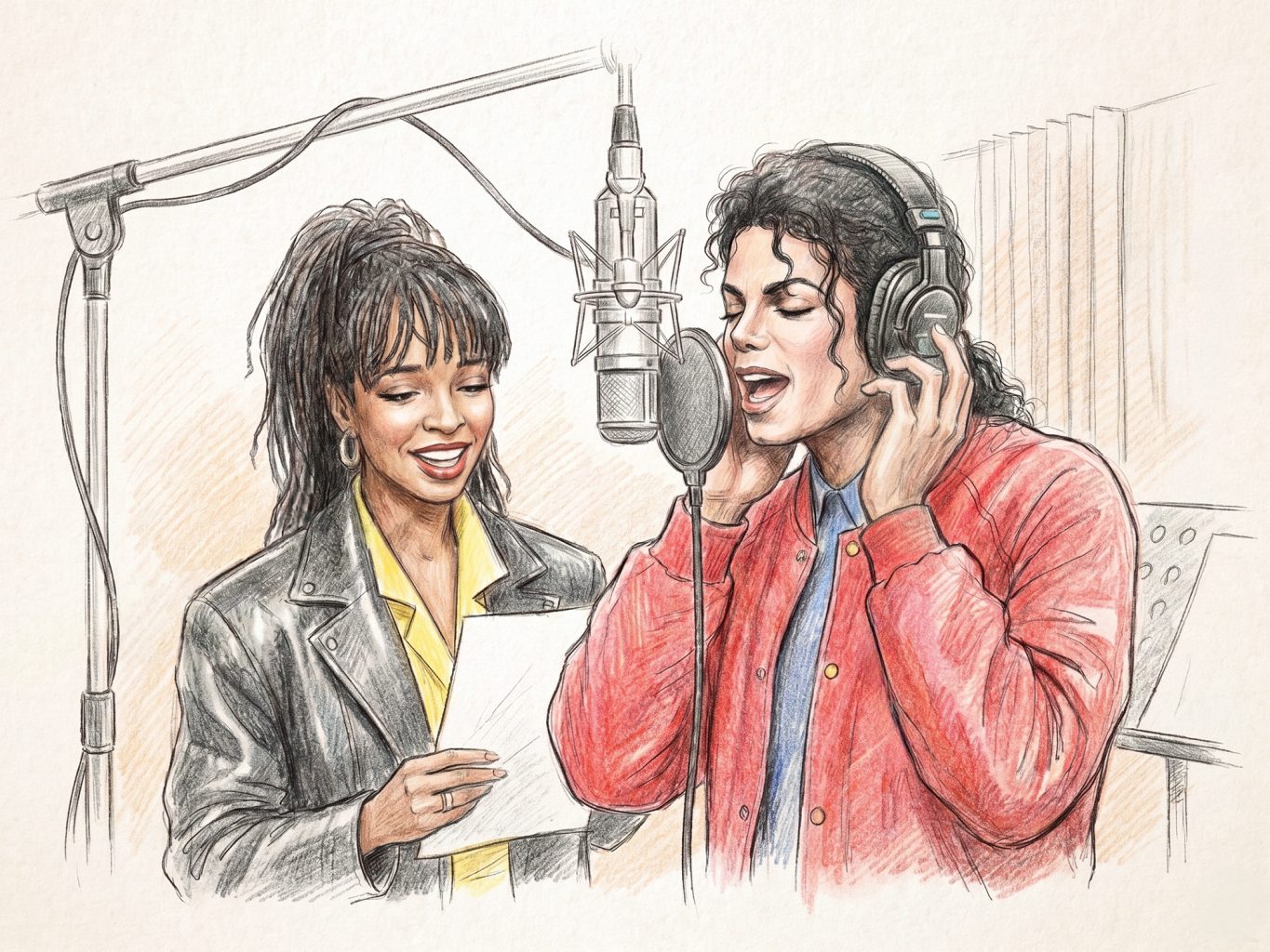 Pencil sketch of Michael Jackson and Siedah Garrett recording in a studio. He sings into a microphone with headphones on, while she holds a lyric sheet.