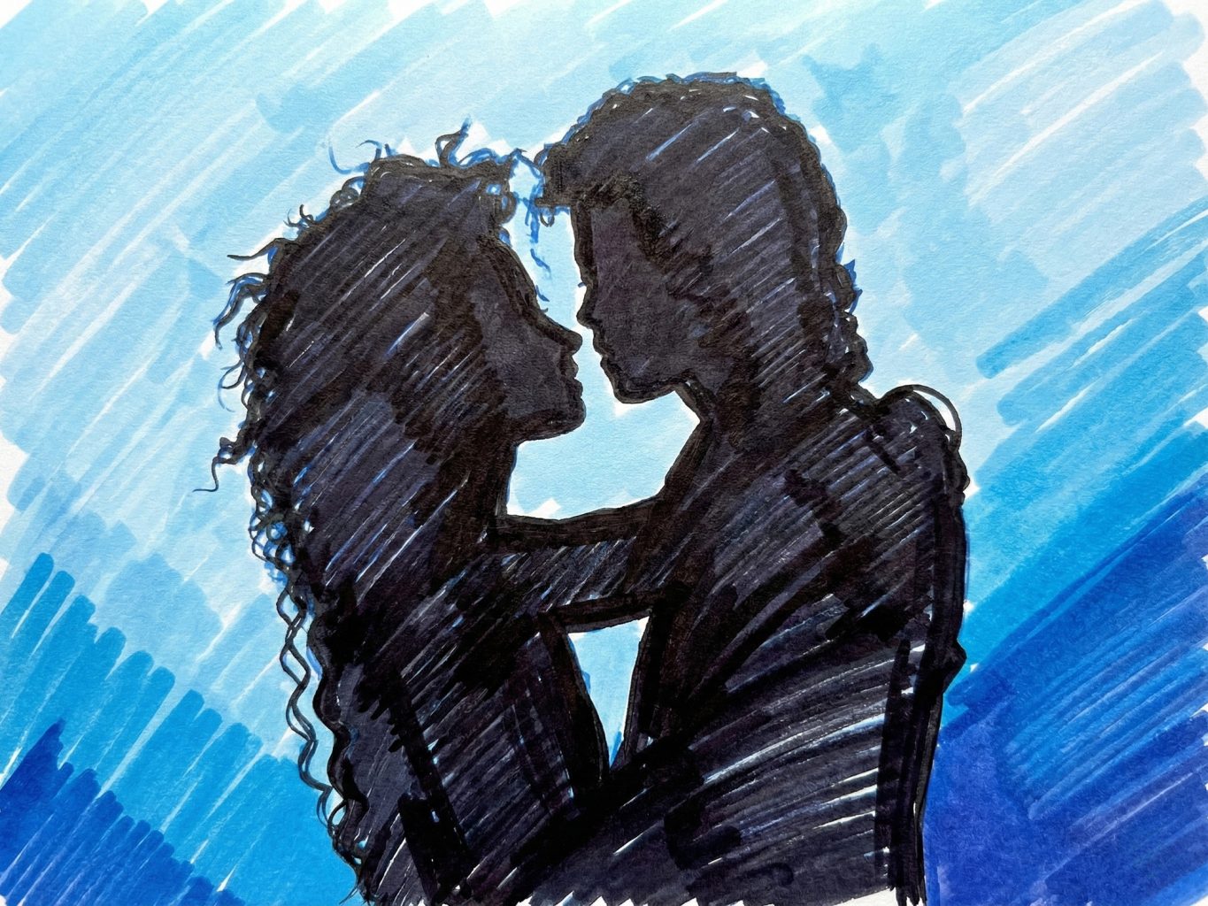 Vivid marker art shows the dark silhouettes of Michael Jackson and a woman with curly hair, facing each other closely against a bright, streaky blue background.