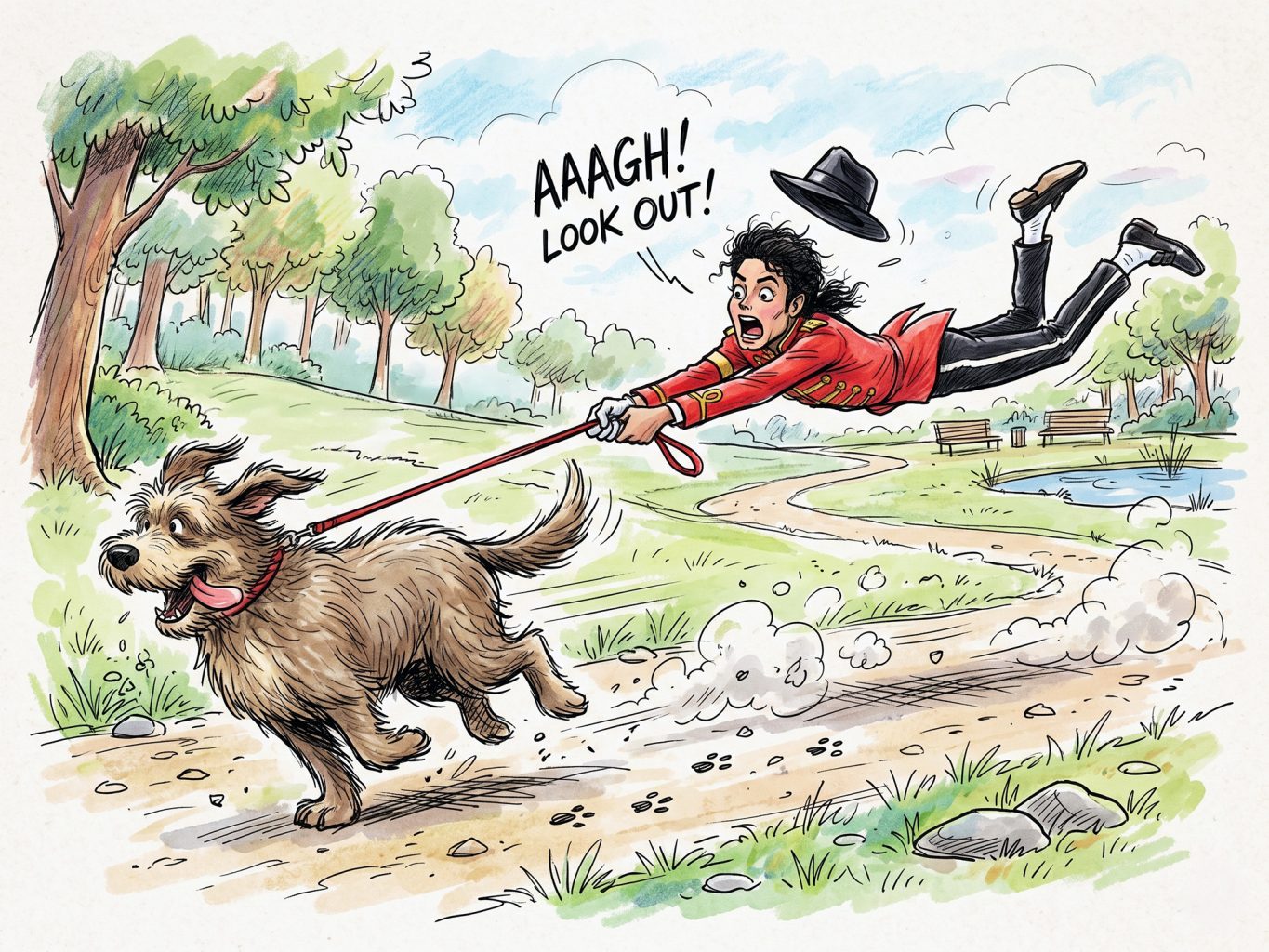 A cartoon of Michael Jackson being pulled through a park by an energetic dog. He is flying mid-air in his red jacket. The style is a vibrant, sketchy watercolor.