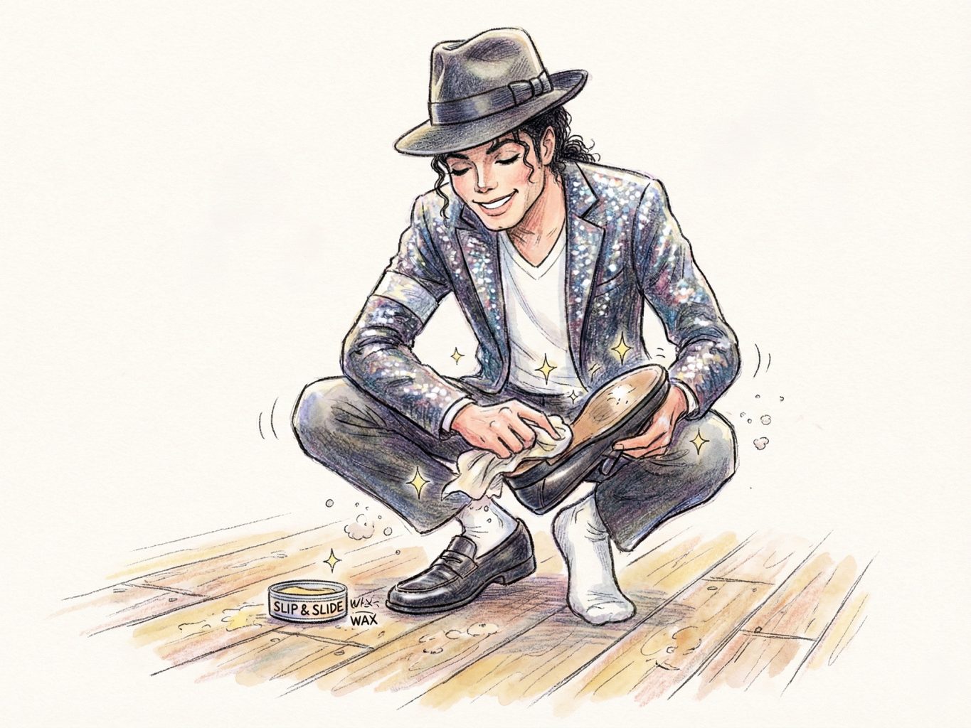 Michael Jackson polishes a shoe with "Slip & Slide" wax in a charming, hand-drawn colored pencil style. The sketch features soft shading and a joyful, lively mood.