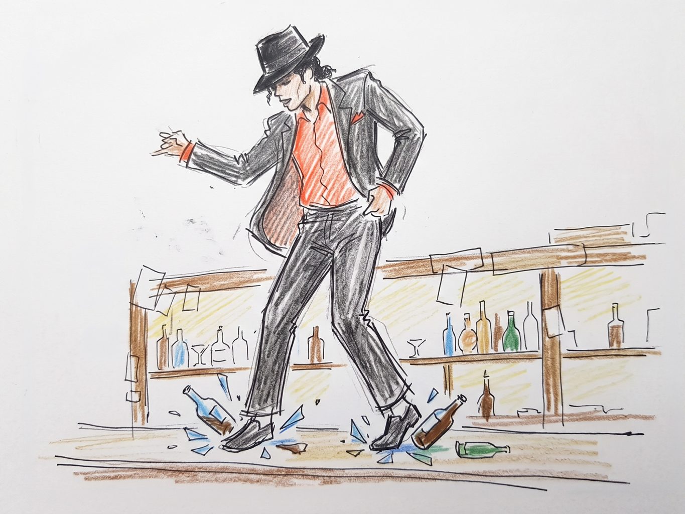 A dynamic colored pencil sketch depicts Michael Jackson dancing along a bar counter, smashing glass bottles underfoot in a vibrant, expressive concept art style.