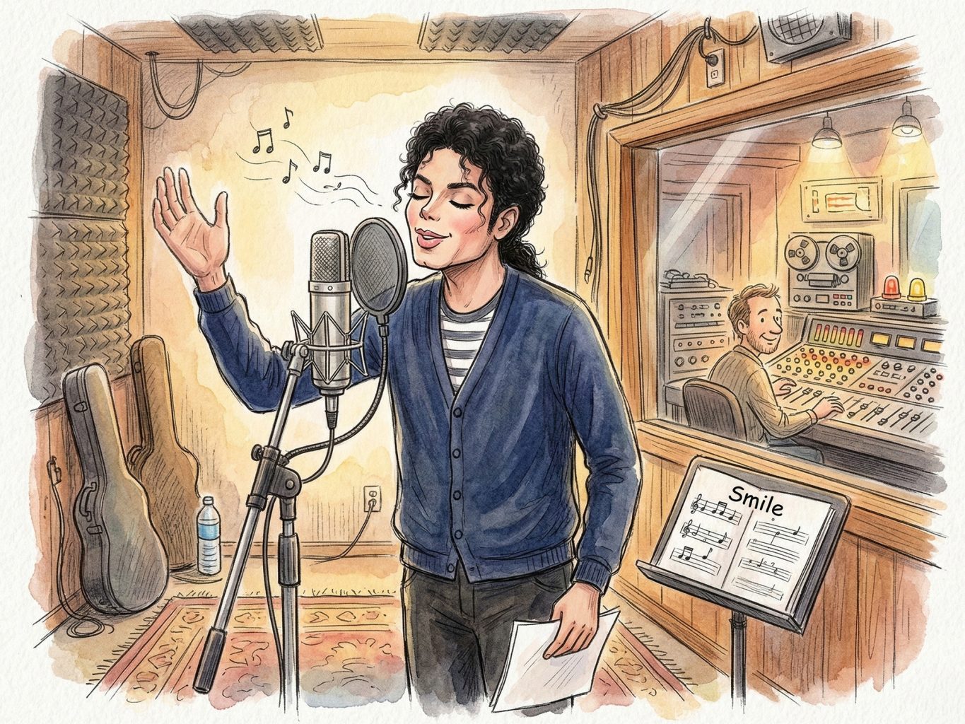 Watercolor art of Michael Jackson recording "Smile." He whistles into a studio mic while an engineer watches. Warm, nostalgic tones define this detailed sketch.