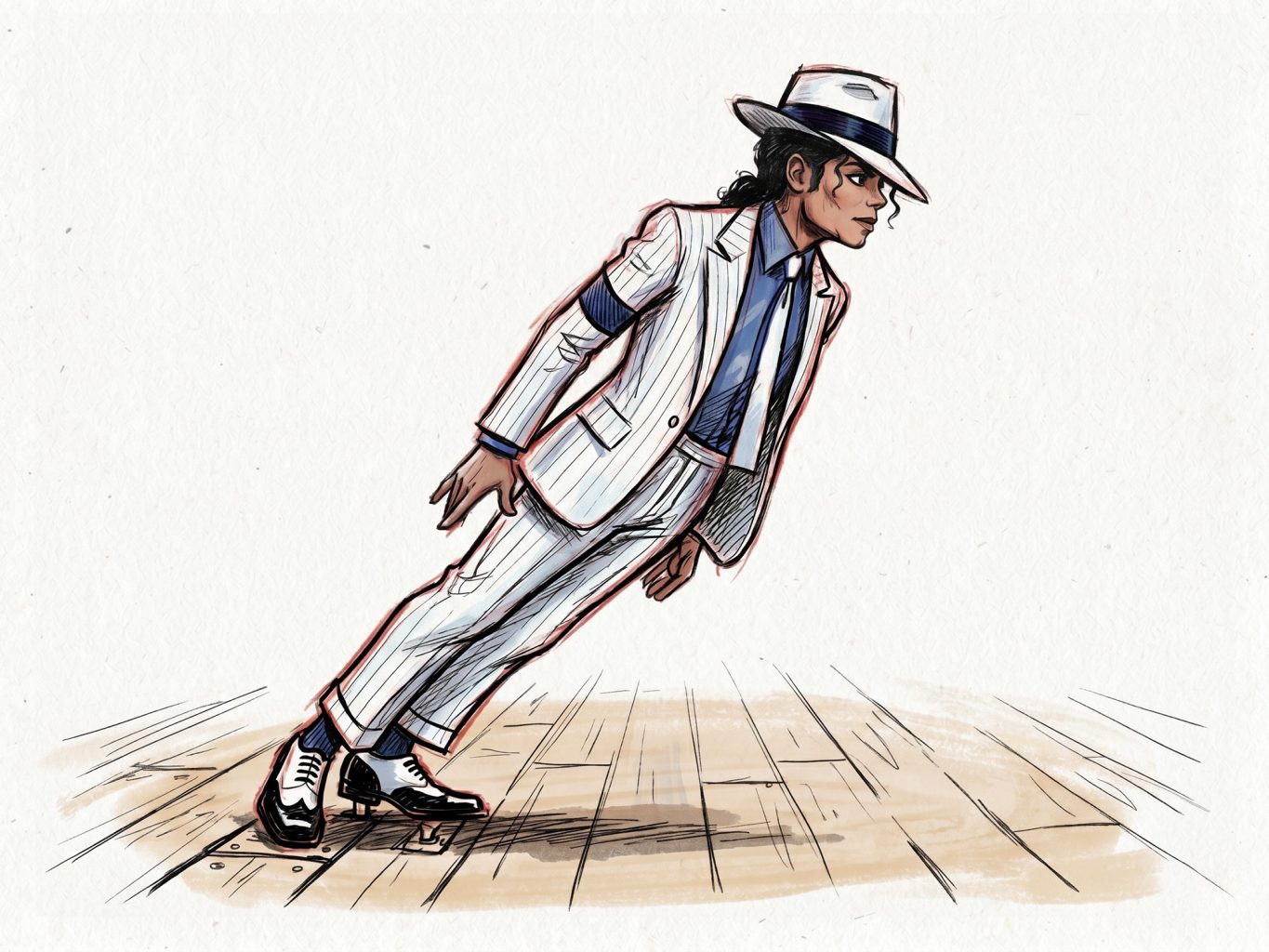 A stylized, sketchy digital drawing showing Michael Jackson performing his iconic anti-gravity lean in a white pinstripe suit, fedora, and blue shirt.