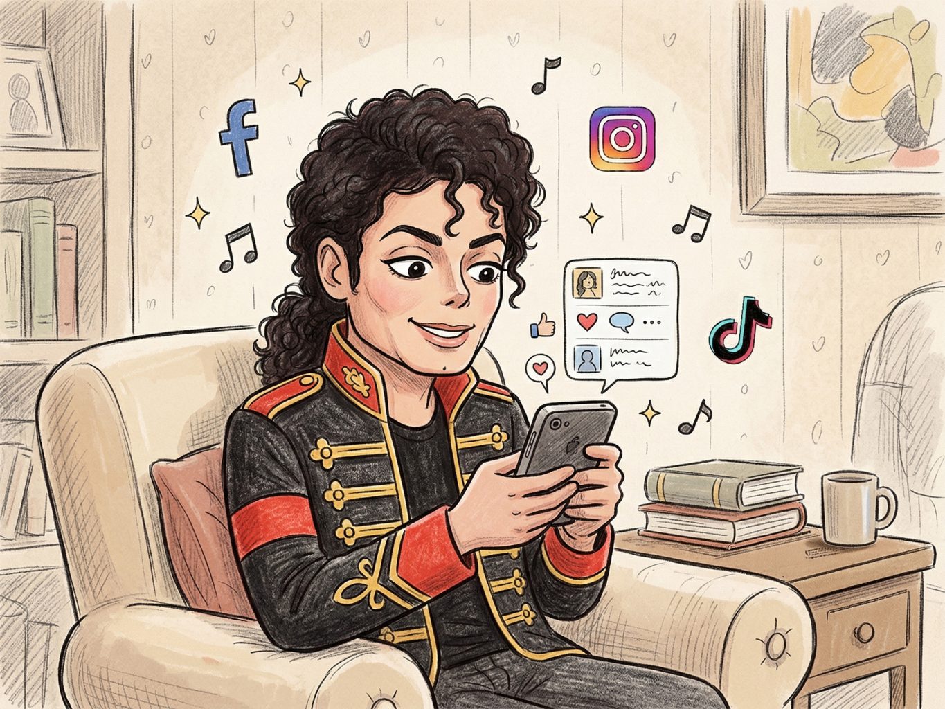 A pencil-style sketch of Michael Jackson in a military jacket, smiling at his phone. Icons for TikTok and Instagram float nearby in this playful digital artwork.
