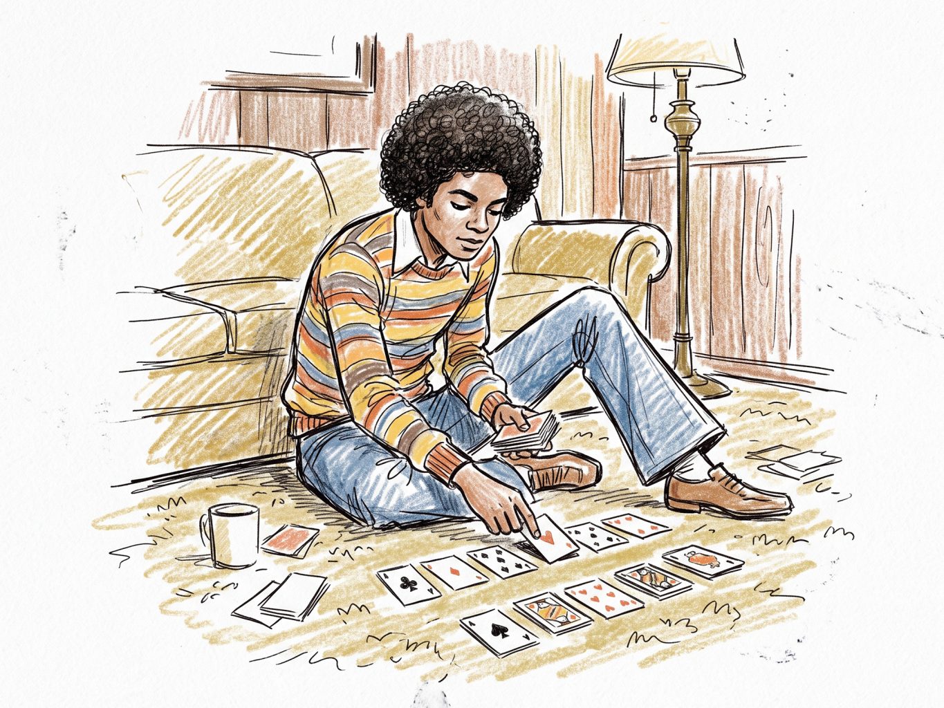A young man with an afro plays solitaire on a carpeted floor in a vintage colored pencil and ink sketch featuring warm retro tones and visible crosshatching.